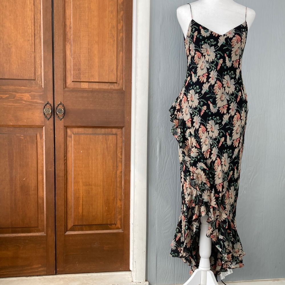Lauren Ralph Lauren Silk Black Floral Print High Low Dress with Ruffle